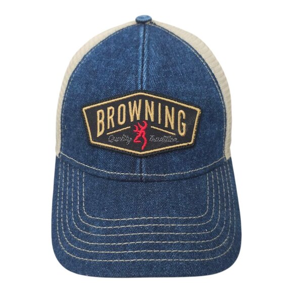 Browning Slack Denim Mesh Snapback Cap Trucker Baseball Logo Patch Hunter Hat - Picture 14 of 14